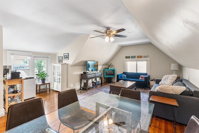 24 Central St, Somerville, MA 02143 - living area featuring wood finished floors, lofted ceiling, and a ceiling fan