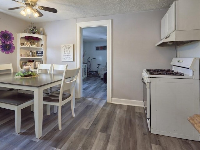 dining space with ceiling fan, dark hardwood / wood-style floors, and a textured ceiling