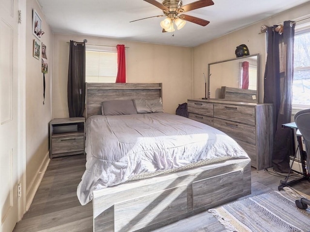 bedroom with ceiling fan and hardwood / wood-style floors