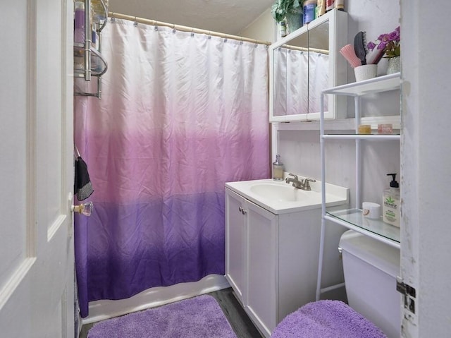 bathroom featuring vanity, curtained shower, and toilet