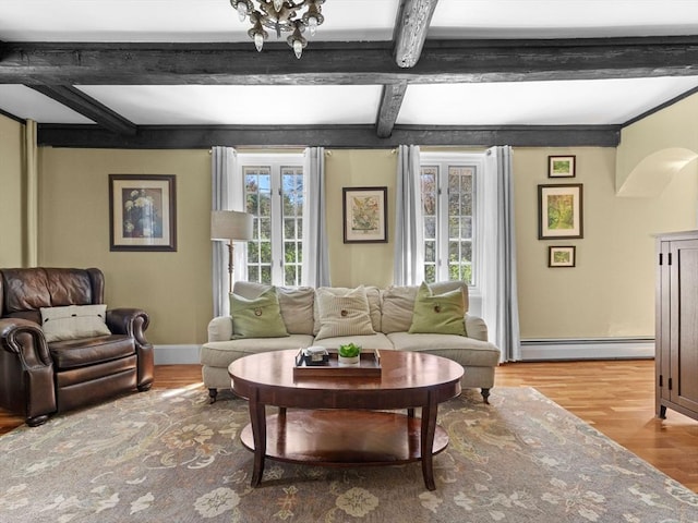 sitting room featuring baseboards, wood finished floors, a baseboard radiator, beamed ceiling, and coffered ceiling