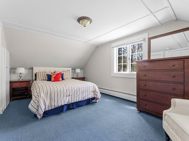 bedroom with carpet floors, baseboard heating, and vaulted ceiling