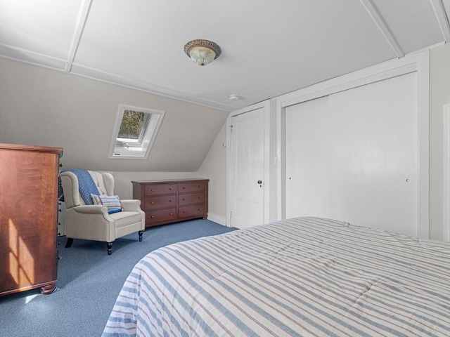 carpeted bedroom featuring vaulted ceiling with skylight and multiple closets