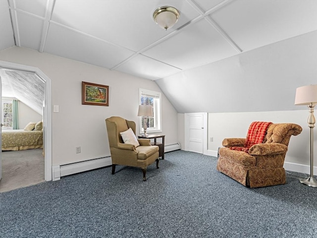 living area with baseboards, a baseboard radiator, vaulted ceiling, and carpet flooring