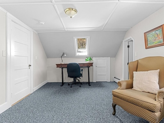 home office featuring carpet floors, a baseboard heating unit, and vaulted ceiling