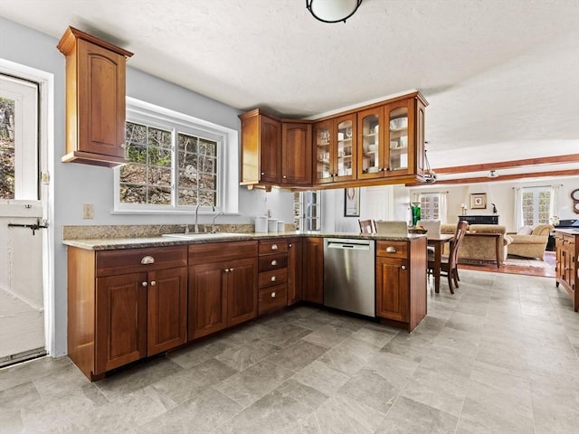 kitchen with a sink, a peninsula, open floor plan, stainless steel dishwasher, and glass insert cabinets