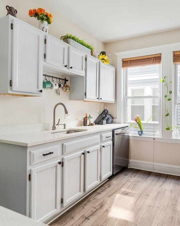 11 Sedgwick St Unit 8, Boston, MA 02130 - kitchen featuring stainless steel dishwasher, light wood-style floors, and light countertops