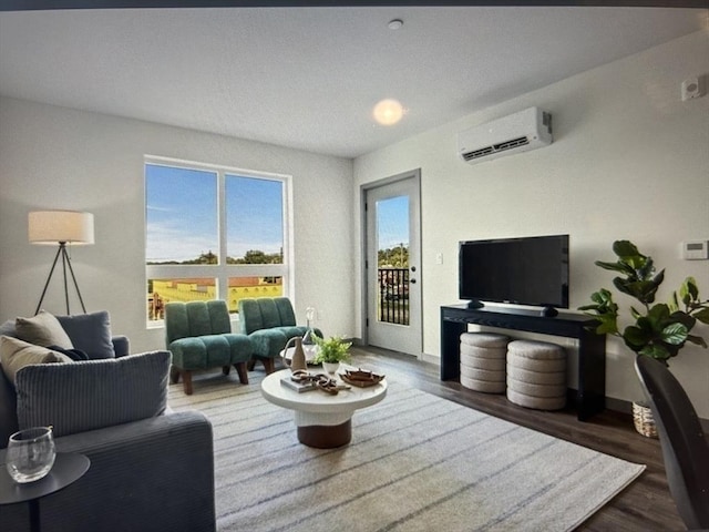 living room featuring an AC wall unit and dark hardwood / wood-style floors