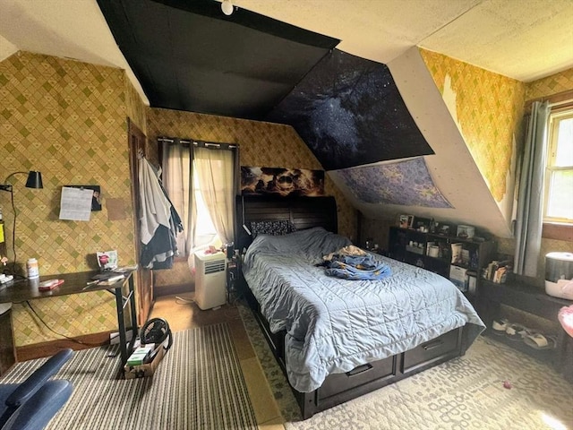 81 High St, West Springfield, MA 01089 - carpeted bedroom with wallpapered walls and vaulted ceiling