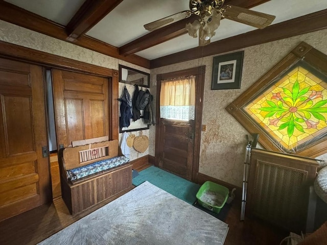 81 High St, West Springfield, MA 01089 - foyer featuring a ceiling fan, beamed ceiling, baseboards, and wallpapered walls