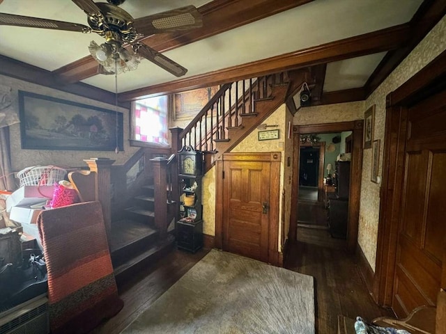 81 High St, West Springfield, MA 01089 - stairs featuring wood finished floors, ceiling fan, baseboards, beam ceiling, and wallpapered walls