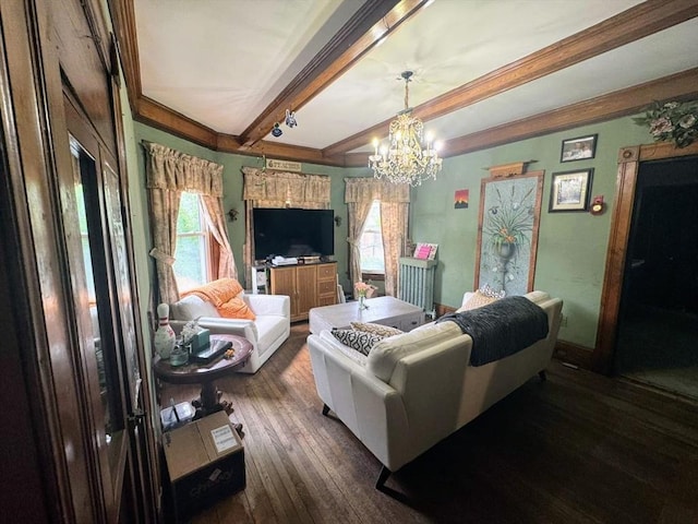 81 High St, West Springfield, MA 01089 - living area featuring dark wood-style flooring, beamed ceiling, a chandelier, and baseboards
