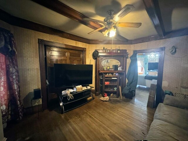 81 High St, West Springfield, MA 01089 - living area featuring a ceiling fan, wood finished floors, and beamed ceiling