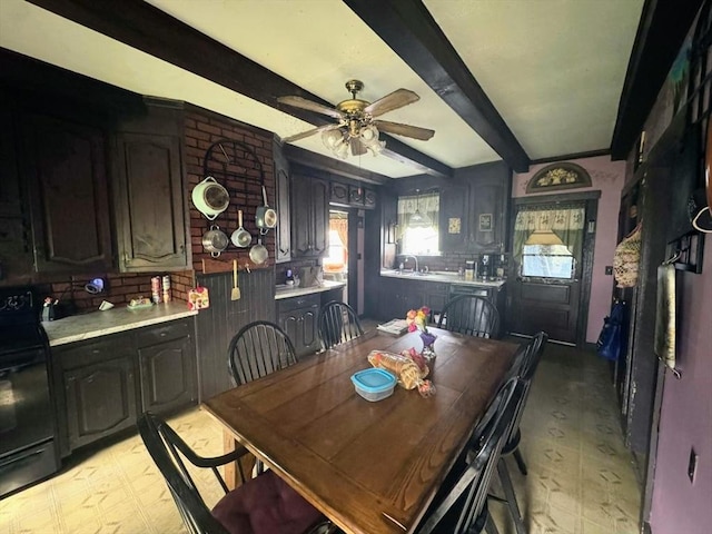 81 High St, West Springfield, MA 01089 - dining room featuring beamed ceiling, a ceiling fan, and light floors
