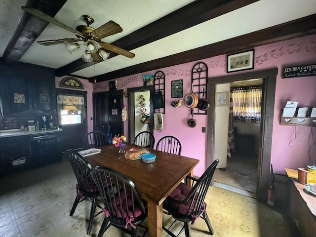 81 High St, West Springfield, MA 01089 - dining space featuring beamed ceiling, a ceiling fan, and light floors