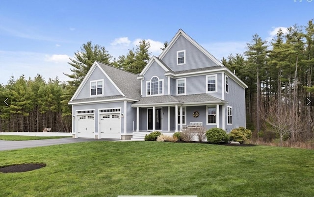 view of front of house featuring a porch, driveway, roof with shingles, a front lawn, and an attached garage