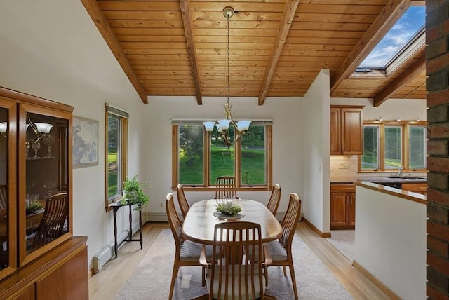 34 Marlboro St, Hudson, MA 01749 - dining room with wood ceiling, a chandelier, light wood finished floors, a skylight, and a baseboard heating unit