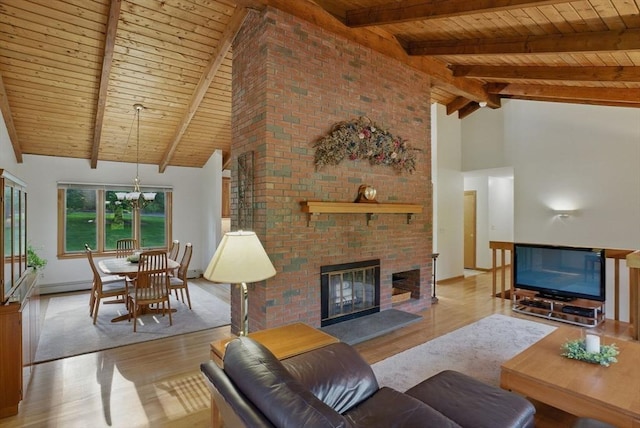 34 Marlboro St, Hudson, MA 01749 - living room with wood ceiling, high vaulted ceiling, a brick fireplace, wood finished floors, and beamed ceiling