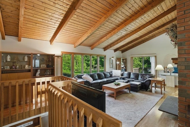 34 Marlboro St, Hudson, MA 01749 - living area with wood ceiling, wood finished floors, beam ceiling, and high vaulted ceiling