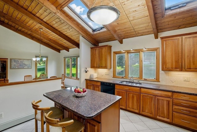 34 Marlboro St, Hudson, MA 01749 - kitchen featuring a skylight, a sink, dishwasher, wood ceiling, and light tile patterned flooring