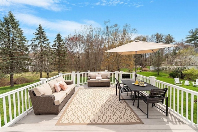 deck featuring an outdoor hangout area and a yard