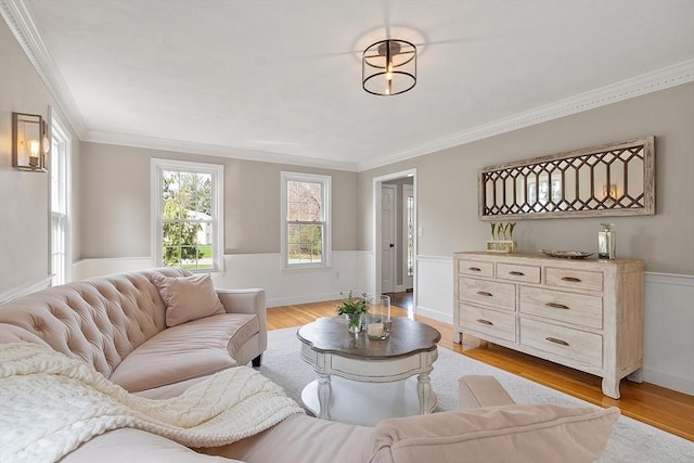 living area featuring crown molding, wainscoting, and light wood finished floors