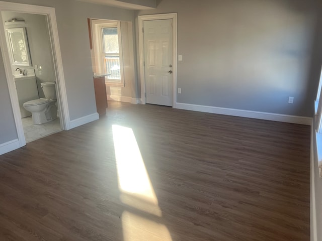 interior space featuring connected bathroom, dark hardwood / wood-style flooring, and sink