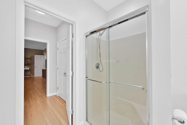 20 Ericka Cir, East Longmeadow, MA 01028 - bathroom with a stall shower, wood finished floors, and baseboards