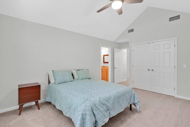 20 Ericka Cir, East Longmeadow, MA 01028 - bedroom featuring carpet floors, high vaulted ceiling, baseboards, a closet, and a ceiling fan
