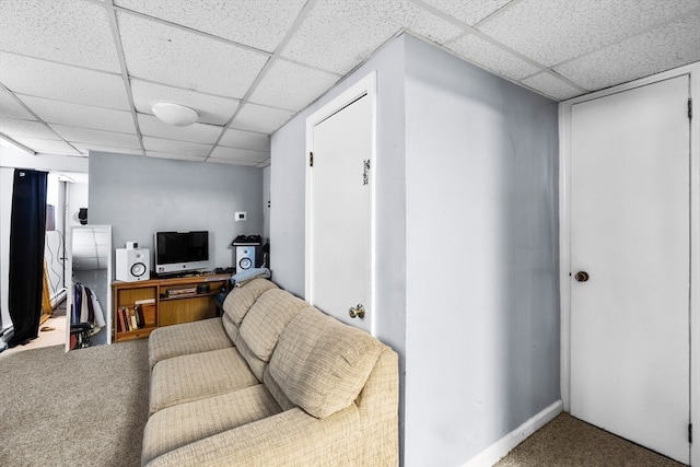 carpeted living room with a paneled ceiling