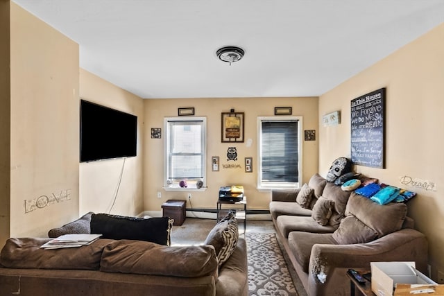 carpeted living room featuring a baseboard radiator