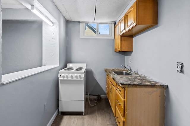 kitchen with hardwood / wood-style flooring, sink, a textured ceiling, and white range oven