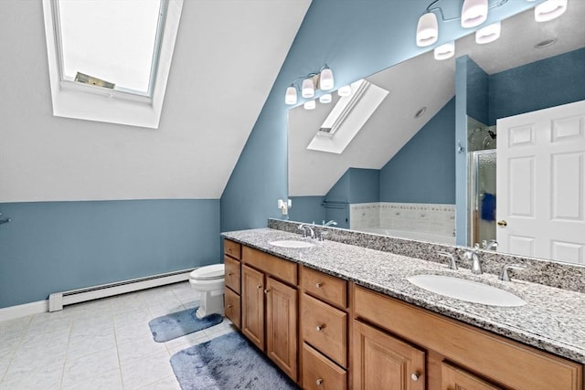 15 Henrys Ln, Norwell, MA 02061 - full bathroom with a skylight, a baseboard radiator, a shower stall, double vanity, and lofted ceiling
