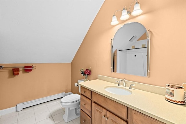 15 Henrys Ln, Norwell, MA 02061 - full bathroom featuring a baseboard radiator, toilet, vanity, tile patterned floors, and lofted ceiling