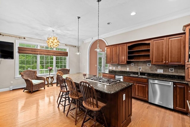 15 Henrys Ln, Norwell, MA 02061 - kitchen with appliances with stainless steel finishes, a sink, open shelves, a kitchen island, and light wood-style flooring