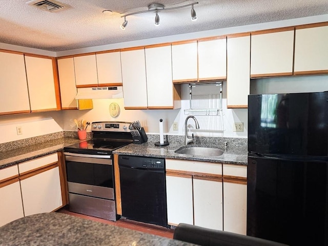 35 Prospect St Unit 309, Woburn, MA 01801 - kitchen with black appliances, a sink, under cabinet range hood, white cabinets, and a textured ceiling