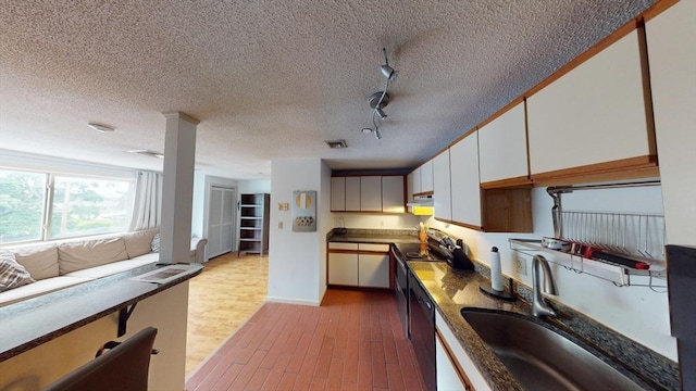 35 Prospect St Unit 309, Woburn, MA 01801 - kitchen featuring a sink, a textured ceiling, white cabinets, light wood-style flooring, and rail lighting