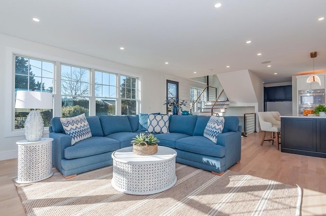 25 W Ave, Marion, MA 02738 - living area featuring recessed lighting, light wood-style flooring, and stairway
