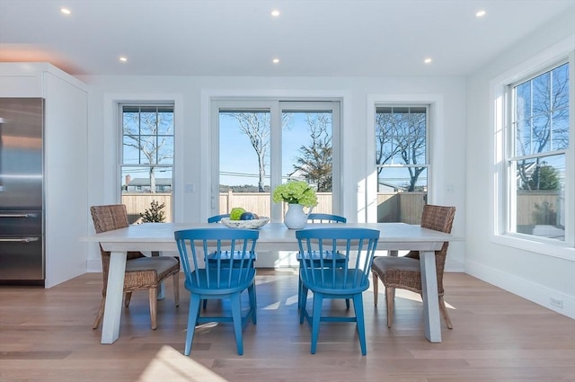 25 W Ave, Marion, MA 02738 - dining area with light wood-type flooring, recessed lighting, and baseboards