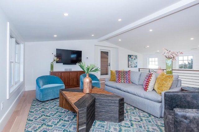 25 W Ave, Marion, MA 02738 - living room with vaulted ceiling with beams, baseboards, recessed lighting, and wood finished floors