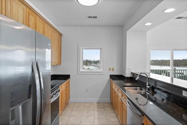 kitchen with dark stone countertops, sink, a wealth of natural light, and stainless steel appliances