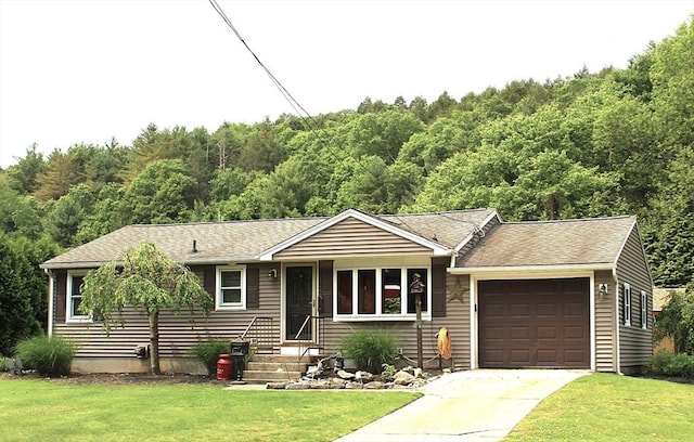 155 Old Palmer Rd, Brimfield, MA 01010 - single story home with an attached garage, a front yard, concrete driveway, roof with shingles, and a forest view