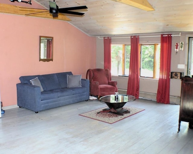 155 Old Palmer Rd, Brimfield, MA 01010 - living area with wood finished floors, vaulted ceiling, wood ceiling, and a ceiling fan