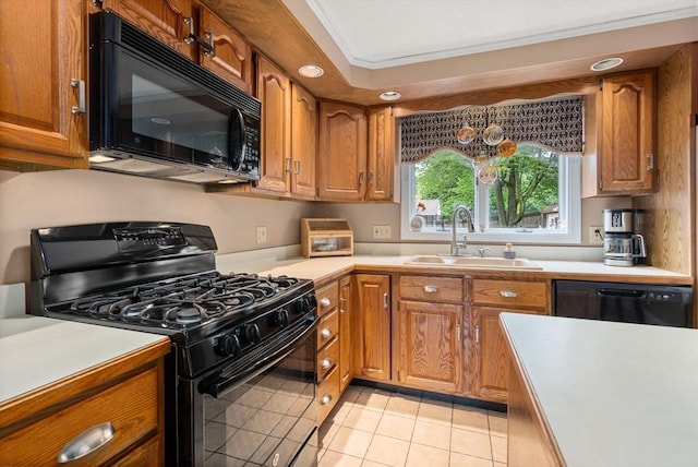 97 Connecticut Ave, Springfield, MA 01104 - kitchen featuring black appliances, light countertops, brown cabinets, recessed lighting, and light tile patterned floors
