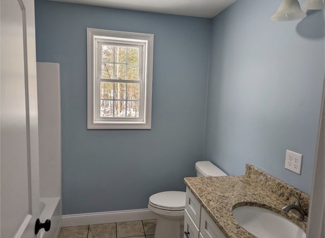 full bathroom with vanity, toilet, tile patterned floors, and independent shower and bath