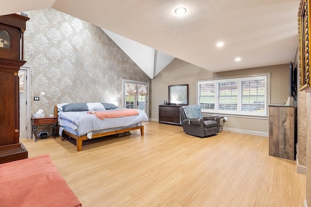 285 Still River Rd, Bolton, MA 01740 - bedroom featuring recessed lighting, wood finished floors, wallpapered walls, baseboards, and lofted ceiling