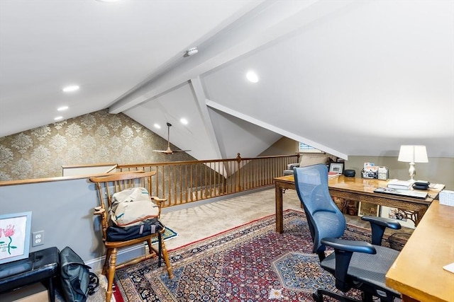 285 Still River Rd, Bolton, MA 01740 - office space with recessed lighting, ceiling fan, vaulted ceiling with beams, and carpet