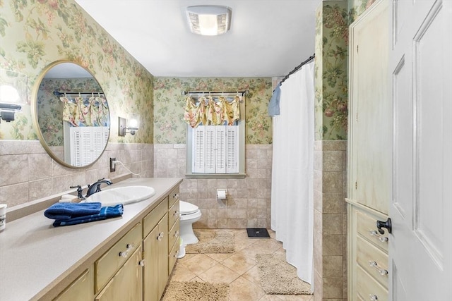 285 Still River Rd, Bolton, MA 01740 - bathroom featuring tile walls, vanity, tile patterned floors, toilet, and wallpapered walls