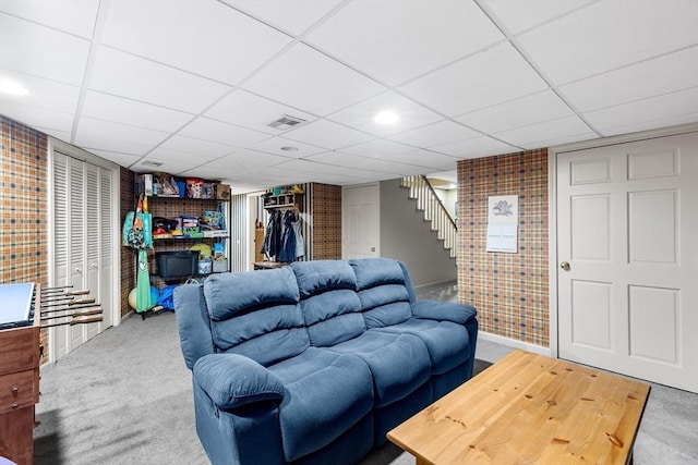 285 Still River Rd, Bolton, MA 01740 - living room featuring stairs, a drop ceiling, carpet, and baseboards