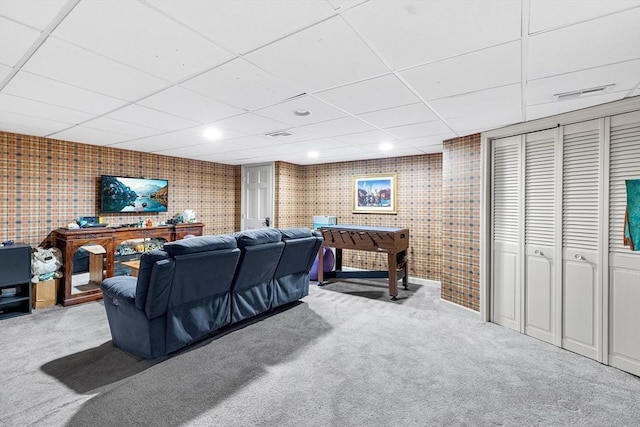 285 Still River Rd, Bolton, MA 01740 - living room featuring visible vents, wallpapered walls, carpet flooring, and a drop ceiling